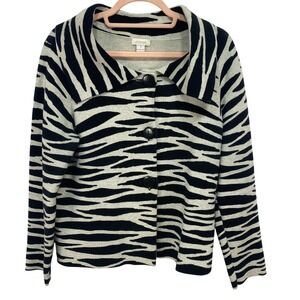 CHICOS Womens‎ Button Front Jacket Sz M (1 ) Black Tan Zebra Print Cotton Knit